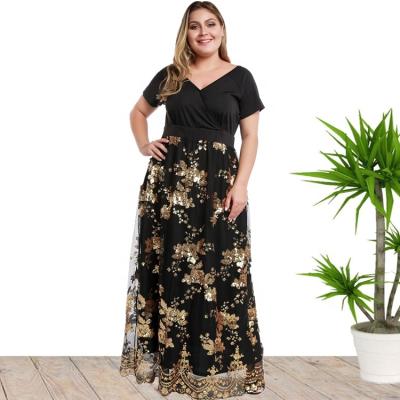 China 2021 New Arrival V-Neckline Short Sleeve Anti-wrinkle Plus Size Elegant Sequins Party Evening Dresses For Ladies for sale