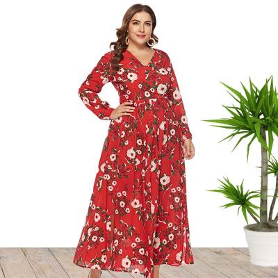 China 2021 New Style Anti-Wrinkle Full Sleeve Floral Print Plus Size Women Maxi Long Dresses For Fat Wholesale China for sale