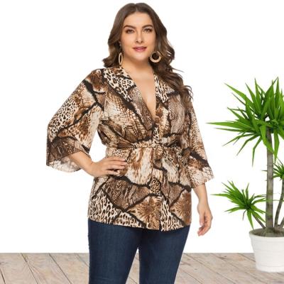 China 6XL Long Sleeve V-Neck Serpentine Print Plus Size Loose Wrap Blouse Anti-Shrink Shirt For Women for sale