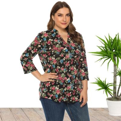 China 2021 New Arrival Anti-Shrink V Neckline Long Sleeve Floral Print Plus Size Shirt Blouse For Office Lady for sale