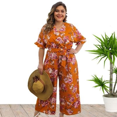 China China 2020 Wholesale Anti-pilling New Arrival Floral Print V-Neckline Women Plus Size Maxi Long Loose Jumpsuit For for sale