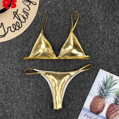 China Gold Triangle Aluminum Foil Thong Breathable Bikini Swimwear Extreme Hot Beach Wear for sale