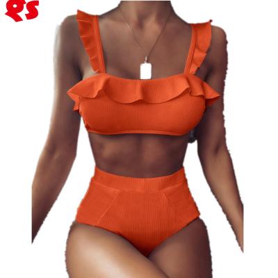 China Breathable Two Piece Trim Ribbed Waisted Ruffle Fashion Swimwear Breathable Bikini Top for sale