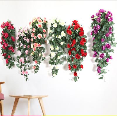 China Artificial Hanging Silk Flower Silk Rose Vine Flower Wall Hanging Basket With Greenish Chain Wall Decor Green Fake Leaves Flower for sale