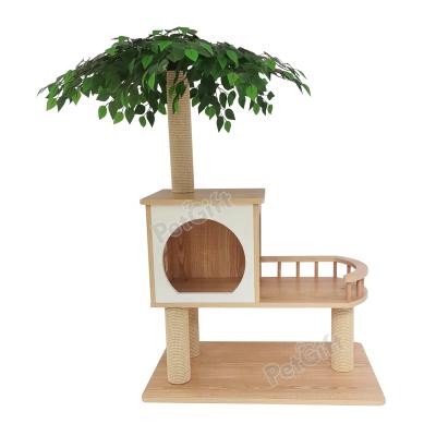 China Sustainable Indoor High Quality Luxury Wooden Cat Treehouse Or Cat Shelter Furniture With Leaves for sale