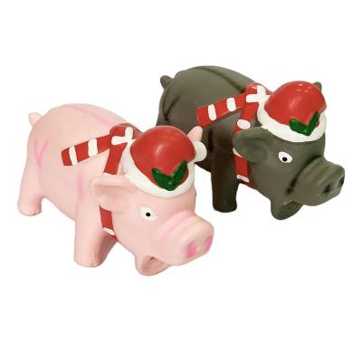 China Sustainable Christmas Gifts Pet Supplies Chew Squeak Pig Dog Latex Toy Pig With Hat for sale