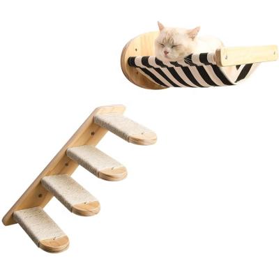 China Sustainable Wooden Wall Mounted Cat Hammock Climbing Shelves Pet Bed with Scratcher Steps and Toys for Cat for sale