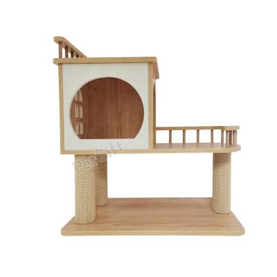 China Hign sustainable indoor quality cat house or luxary wooden shelter for cats, cat funiture with 2level sisal pole for sale