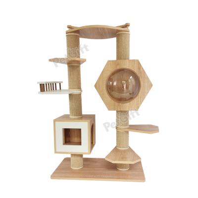 China Sustainable indoor hign quality cat tree and luxary wooden cat tower with sisal pole, acrylic cover for sale