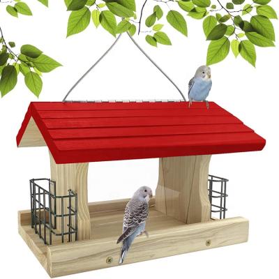 China Automatic Hanging Wooden Wild Feeder 2 Suet Viable Outdoor Garden Bird Cages Large and Plastic Window for sale