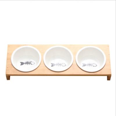 China Wooden Stand Sustainable Cat Ceramic Bowls Elevated Cat Bowls for Food and Water Raised Stand Bamboo Pet Bowl for sale