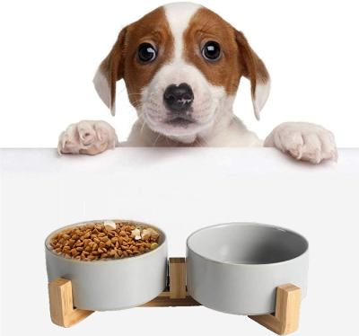 China Elevented Sustainable Dog Bowl Pet Non Slip Ceramic Bowls With Wooden Stand Double Cat Food Water Feeder Bowl 13.5ounces for sale