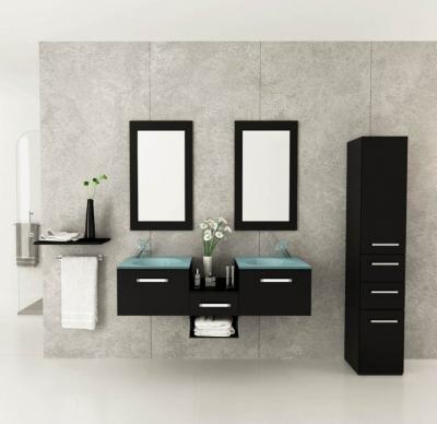 China Modern Double Sink Melamine Bathroom Cabinet Lacquer Vanity Mirrored Solid Wood Sink and Faucet Cabinets Build Double Basket DB-V1012 for sale