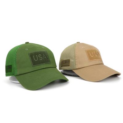 China Factory Price Mesh 6 Panel USA American Flag Waterproof Light Green Thick Unstructured Hook Buckle Military Tactical Hats for sale