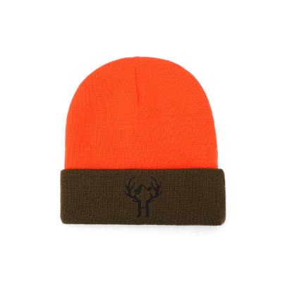 China Custom Made Unisex Reversible Green And Orange Warm 100% Acrylic Embroidery Beanie Knitted Hat From COMMON New Arrival for sale