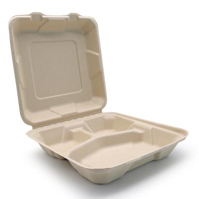 China Compostable Biodegradable in 90 Day 1150ml 9 Inch Sugarcane Bagasse Food Container 3 Compartment Clamshell Biodegradable Disposable Sugar Cane Pulp Lunch Box for sale