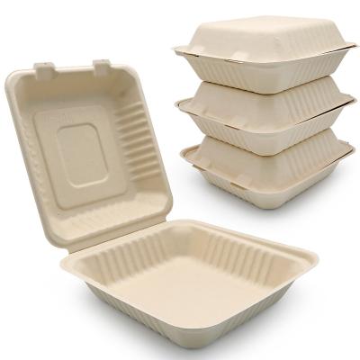 China Sugar Cane Pulp Clamshell 100% Clamshell Togo Food Container Bagasse Takeaway Custom Biodegradable Recycled Compostable Box for sale