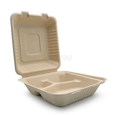 China Compostable Within 90 Inch 3-Compartment Clamshell 1000ml Bagasse Food Container 8 Day 100% Biodegradable Natural Disposable Food Bowl for sale