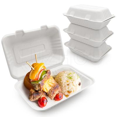 China Biodegradable Compostable Less Pulp Microwavable Bento Lunch Food Boxes 90 Day Eco Sugar Cane Sales 100% Bagasse Hot Compostable Clamshell Containers for sale