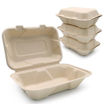 China Compostable Biodegradable Within 90 Day 850ml 9*6*3 Sugarcane Bagasse Clamshell Takeout Food Container Rectangle Disposable Sugarcane Bagasse Lunch Box for sale