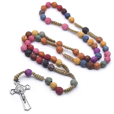 China Wholesale New Design Church /party Dubai Resin Beads Catholic Wooden Rosary Necklace Men's Colorful Rosary Necklace for sale