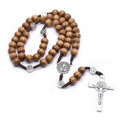 China St Benedict of Jerusalem Mens Catholic Rosary Necklace RCIA Gift Wooden Necklace Stainless Steel Necklace Gift Religion Prayer for sale