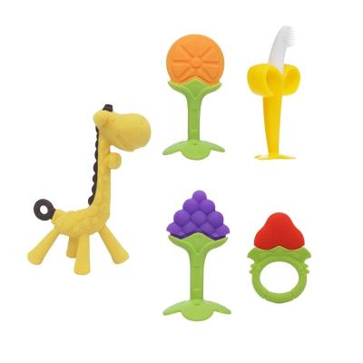 China Most Popular Antibacterial Giraffe Food Grade BPA Free Custom Shape Made Colorful Silicone Fruit Animal Baby Teethers for sale