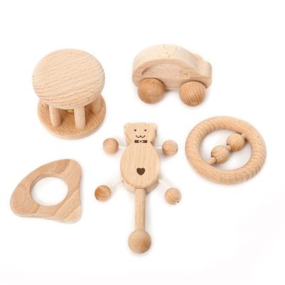 China Soft Toy 5 Pcs Personalized Natural Wooden Beech Montessori Baby Rattle Toy Sensory Gift Set No Paint for sale