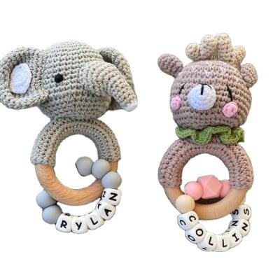 China Eco Friendly Personalized Wooden Crochet Animal Rattle Unicorn Elephant Rabbit Ring Gift For Toddler Baby Soft Stuffed Toys for sale