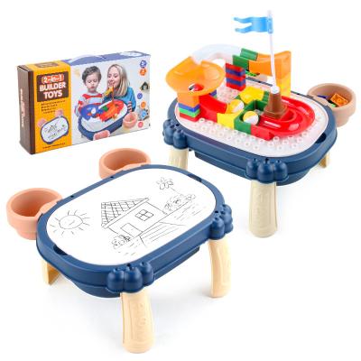 China DIY Building Brick Kids Educational Ball Slide Toy Two Plastic Bricks In One Indoor Building Blocks Drawing Board for sale