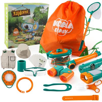 China Eco-Friendly Material Outdoor Kids Explorer Bug Catching Kit Flashlight Kit Telescope Pretend Play Camping Kids Binoculars Adventure Toy Gift for sale