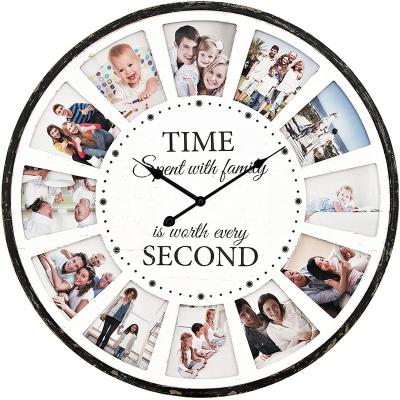 China Best Selling 12 Picture Collage Clock Photo Display Antique Modern Classic Wooden Wall Clock MDF Wall Clock Best Selling Design View Display Photo Style Home Decor for sale