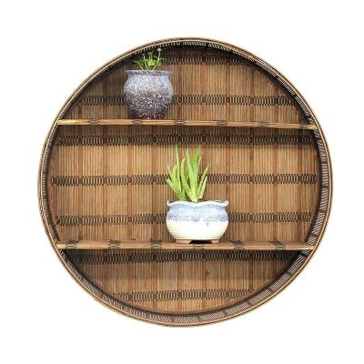 China New Modular Natural Woven Bamboo Rattan Wall Shelf Rack, 2 Layers Round Bamboo Wall Shelf With Braiding For Home Decoration for sale