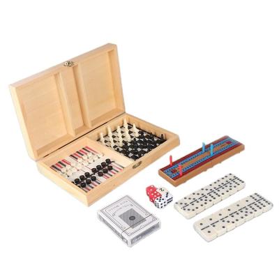 China Stylish Custom Maker 7 In1 Chess Board Game Wooden Box Set Dominoes And Cribbage Board Game for sale