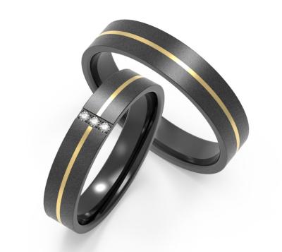 China Black Titanium And Zirconium Couple Ring Sets With Cubic Zirconia Two Tones IP Gold for sale