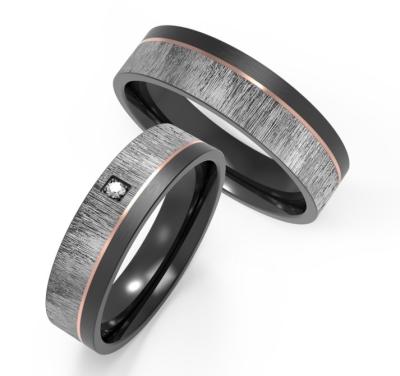 China Imitation Wood Grain Black Stainless Steel Couple Ring Inset Zircon Rose Gold Border Ring for sale