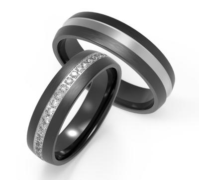 China Simple And Generous Black Titanium Ring With IP Silver Inlaid Zircon Couple Ring for sale