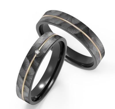 China Imitation Stone Texture Black Titanium Jewelry With K Gold Ring Set Zircon Couple Ring for sale