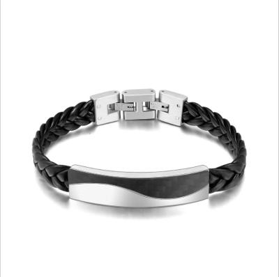 China Mens Thin Leather Stainless Steel Bracelet Magnetic Buckle Customizable Engraved LOGO for sale