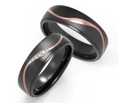 China Matte Damascus Steel Wedding Rings With Rose Gold Embedded Zircon Couple Ring for sale