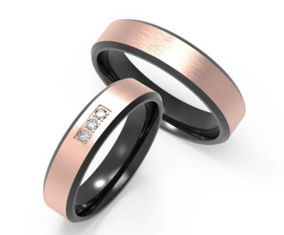 China Bright Damascus Steel Ring Polished Rose Gold Couple Rings With Three Diamonds for sale