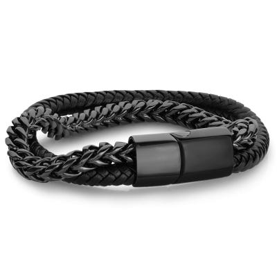 China Mens 316L Stainless Steel Chain Bracelet Woven Rope PU Leather Cord Wrap Bracelet for sale