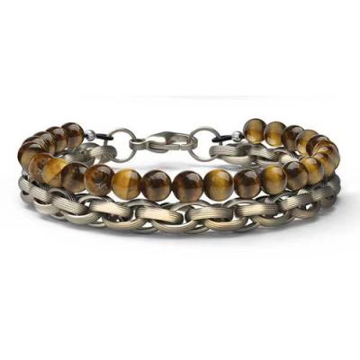 China Fashion Men's Beaded Bracelet Silver Plated Stainless Steel With Tiger Eye Stone Ball Shape for sale