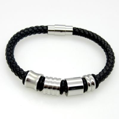 China Black Stainless Steel Men's Charm Bracelet Polished Braided Leather Wrap Bracelet for sale