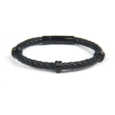 China Stainless Steel Men's Charm Bracelet Black Plating Braided Leather Wrap for sale