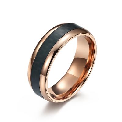 China Natural Rose Gold Plated Ring Wedding Men Stainless Steel And Carbon Fiber Ring for sale