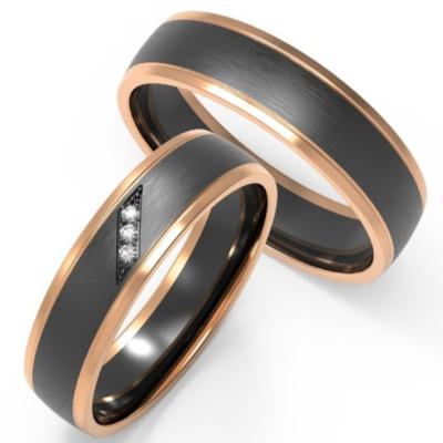 China Polished Domed Damascus Steel Rose Gold Ring With Zircon Couple Ring Set Inside for sale