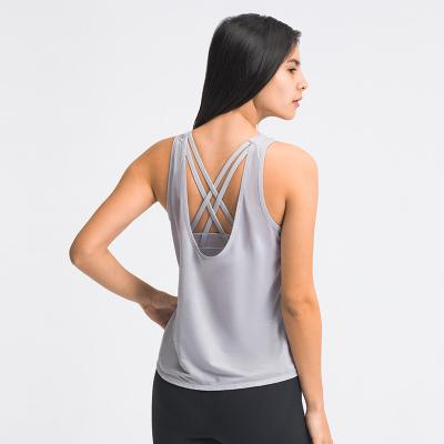 China 2021 New Women's Antibacterial Breathable Loose Running Blouse 2 in 1 Beautiful Cross Back Sports Yoga Bra and Tank Top /Vest for sale