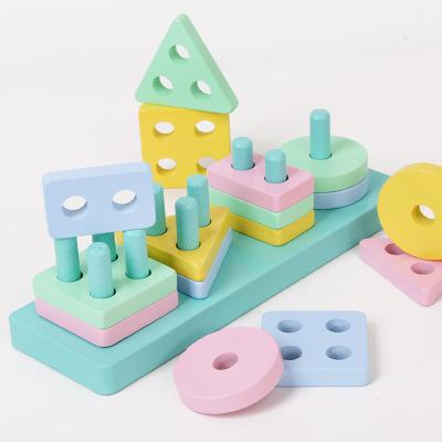 China Construction Toy Wooden Early Education Learning Macarons Color Assembly Building Block Pillar Building Blocks Toys Four-Piece Set for sale