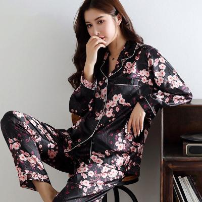 China QUICK DRY ladies icing print home service loose large size thin silk autumn two-piece long-sleeved sexy silk pajamas for sale